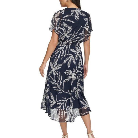 DKNY Printed Chiffon Flutter-Sleeve Midi Dress | Navy/Ivory | NWT | Size 6 - Picture 7 of 7